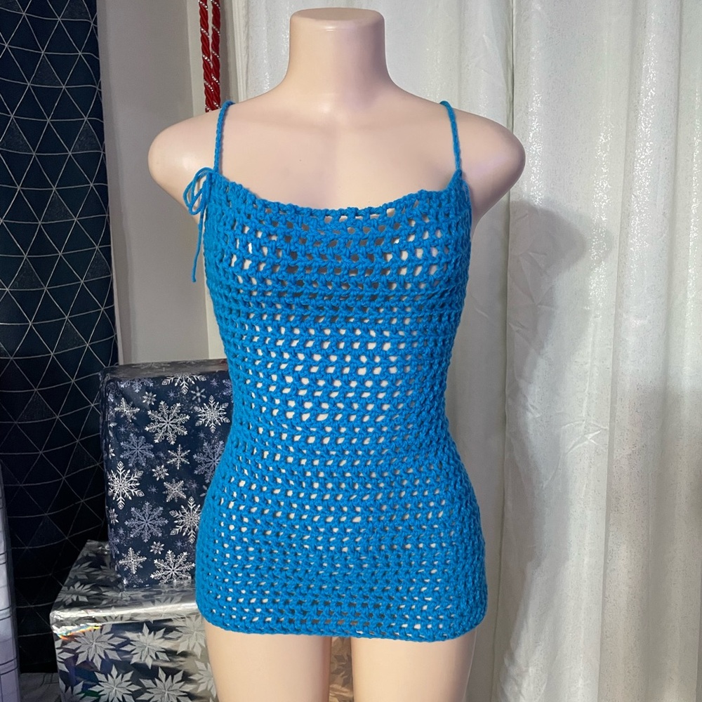Blue Crochet Beach swim suit cover up or Dress Vacation Medium average handmade